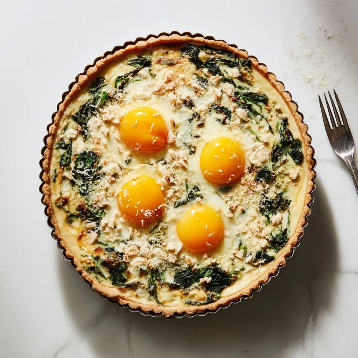 Golden Easter tart with creamy ricotta spinach filling and whole eggs baked in flaky pastry crust