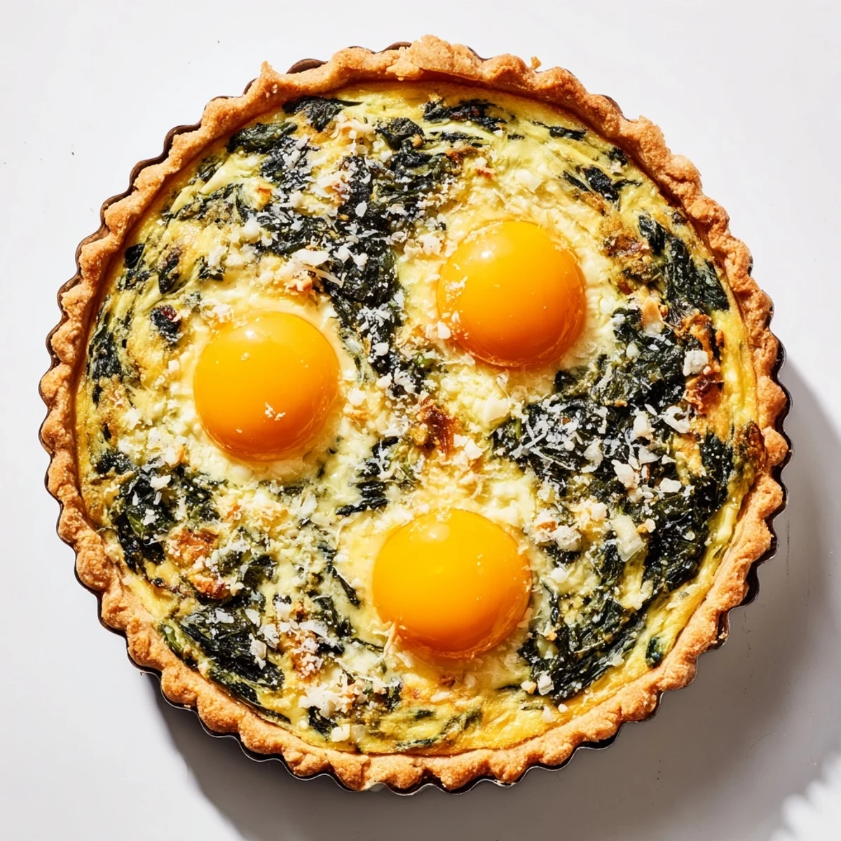 Savory Italian Easter tart sliced to reveal velvety ricotta spinach layers with perfectly baked whole eggs