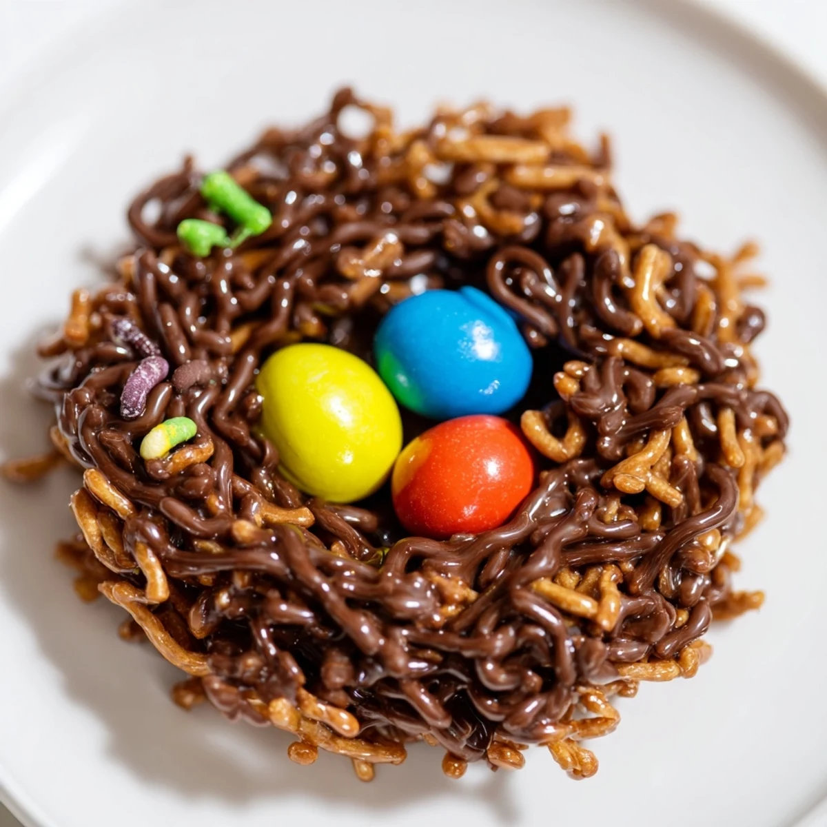 No bake birds nest cookies topped with colorful candy eggs arranged on parchment paper
