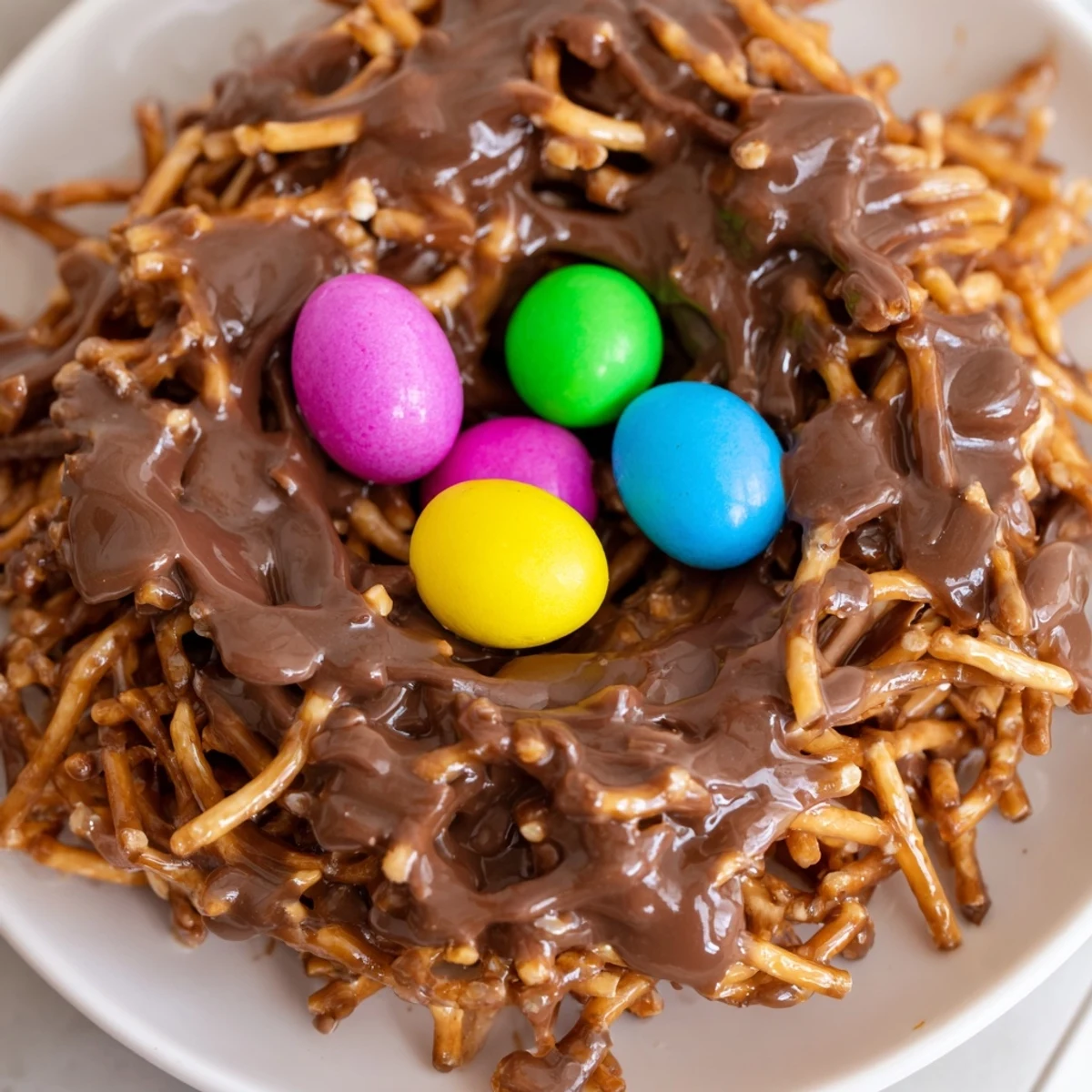 Chocolate peanut butter no bake birds nest cookies filled with pastel egg candies