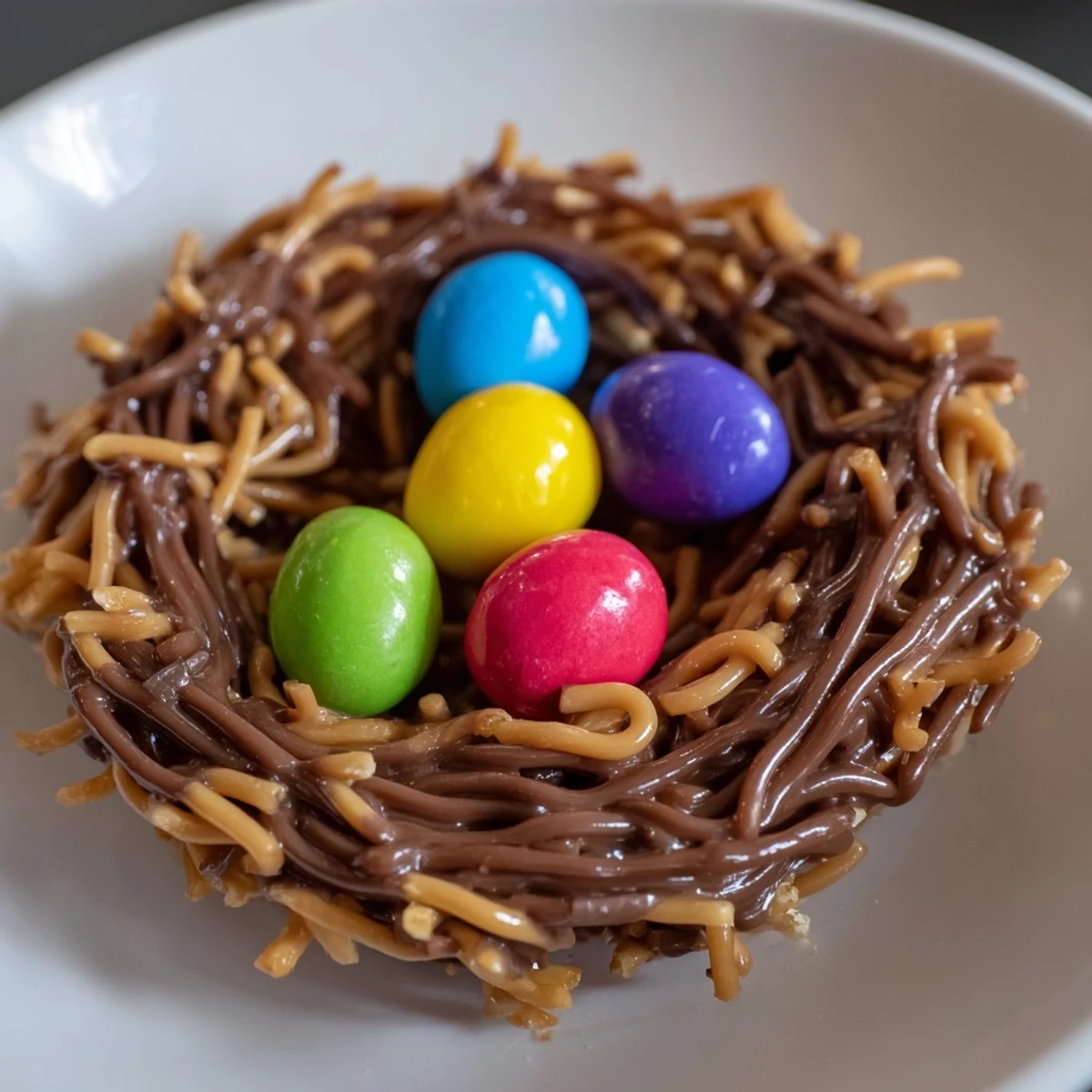 Gooey chocolate no bake birds nest cookies featuring candy eggs and crispy noodles