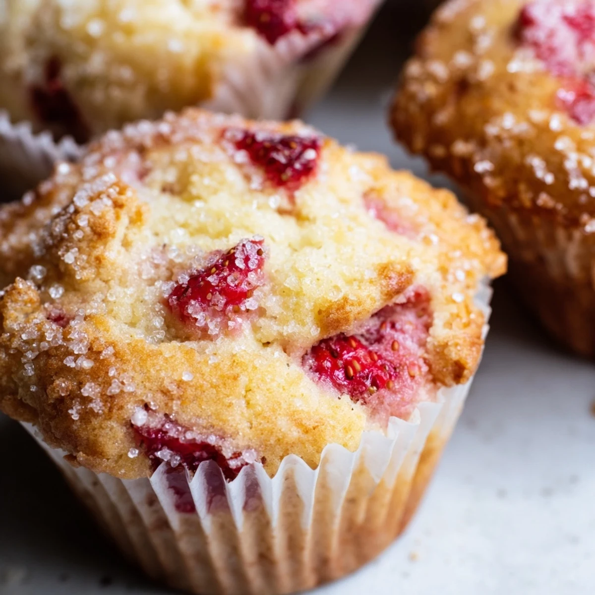 Golden bakery style fresh strawberry muffins topped with sparkling coarse sugar