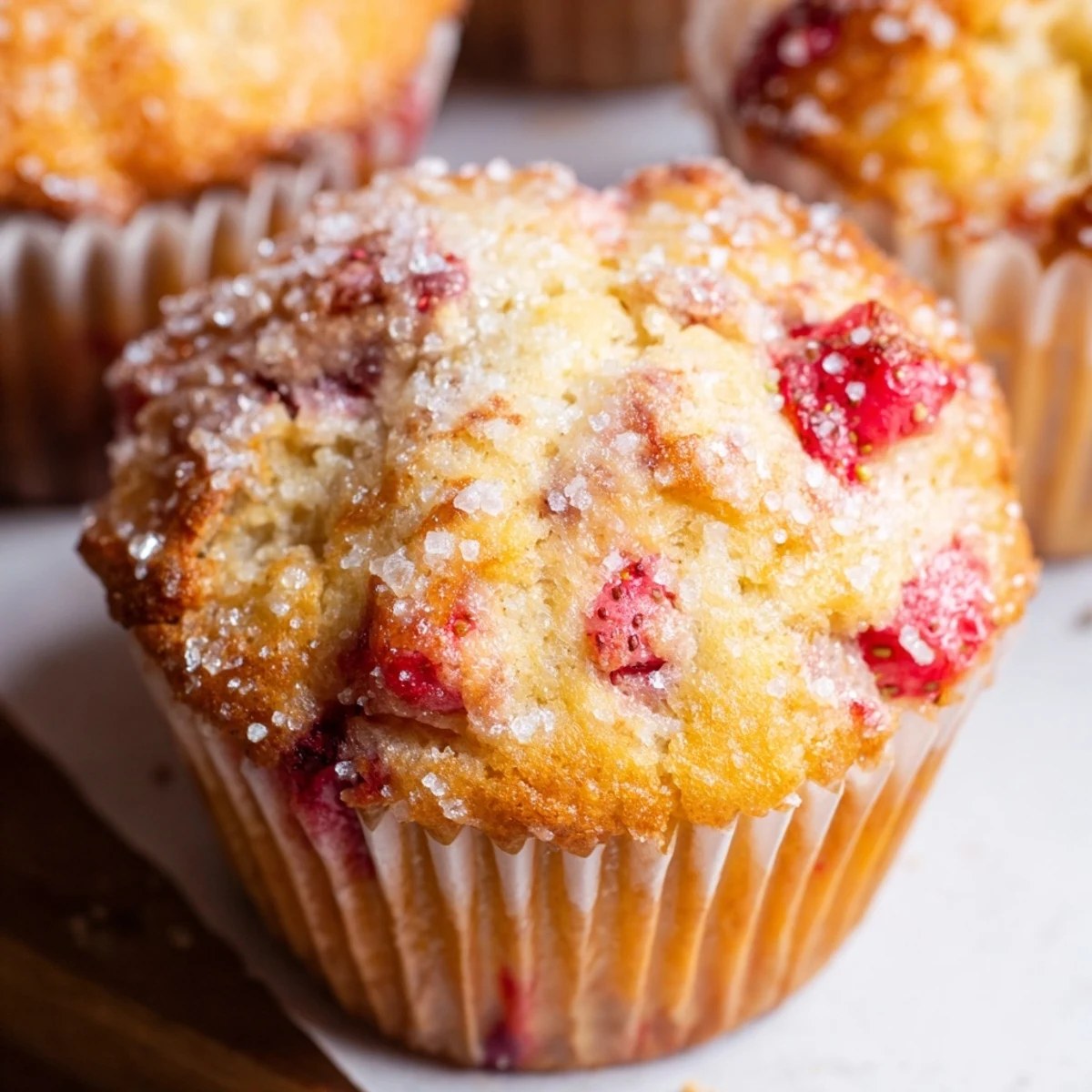 Fresh strawberry muffins with red berry chunks peeking through golden crumb