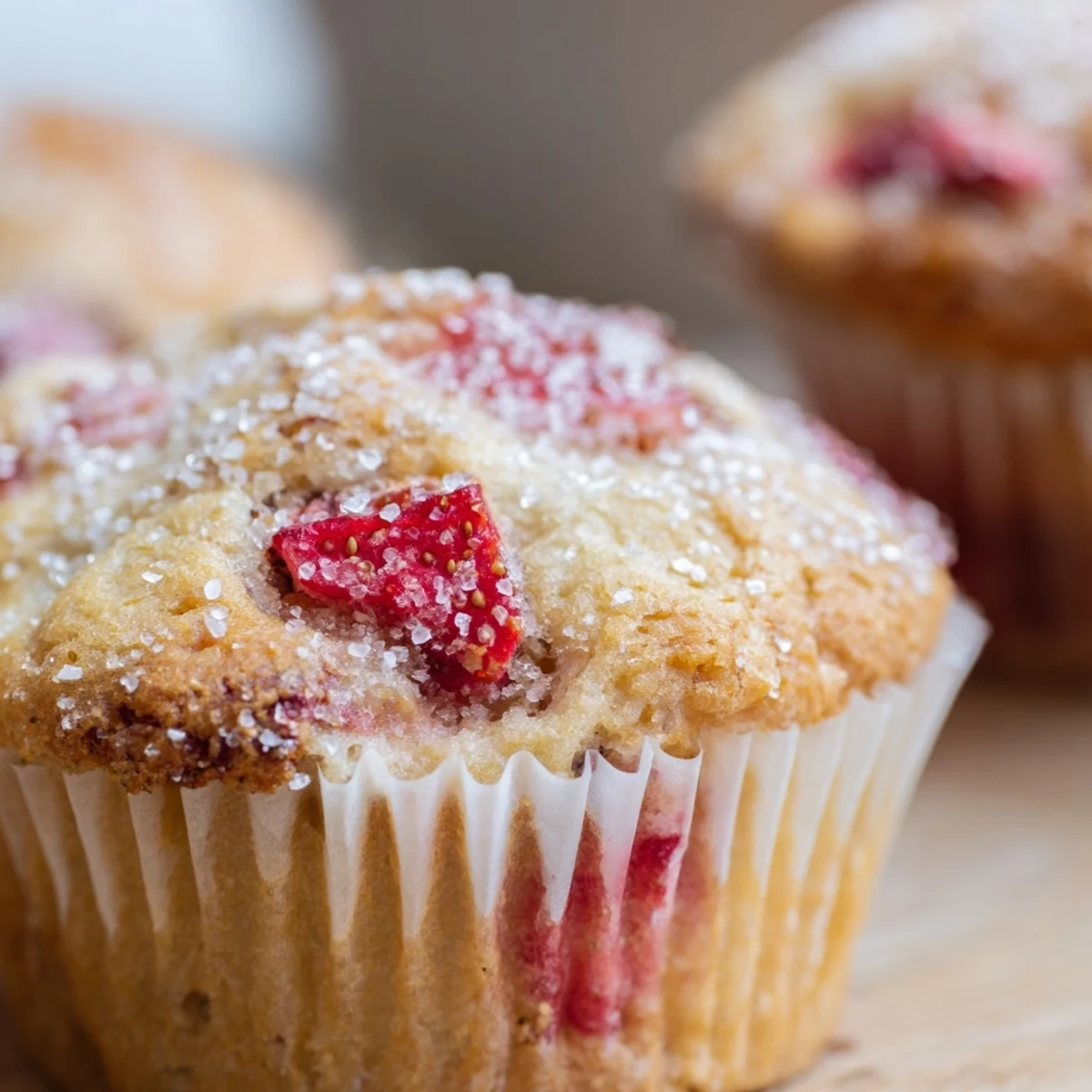 Fluffy bakery style fresh strawberry muffins cooling on wire rack