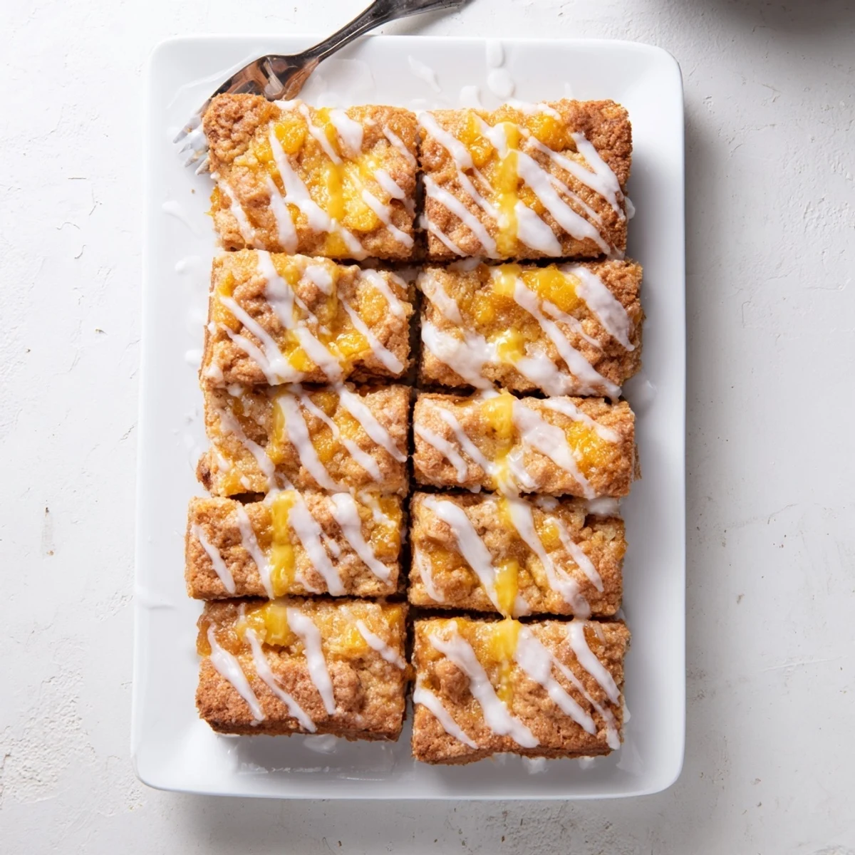 Golden peach butter swim biscuits drizzled with sweet vanilla glaze on a white plate
