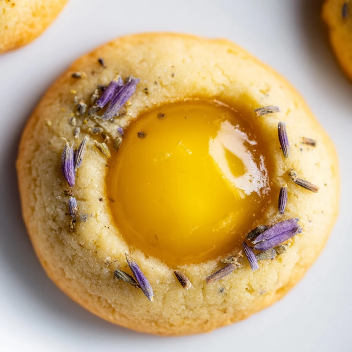 Golden lemon lavender thumbprint cookies filled with tangy lemon curd on a white baking sheet