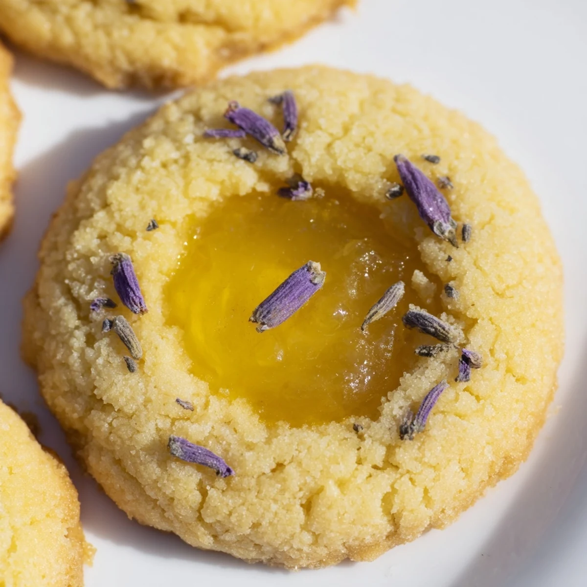 Close up of delicate lemon lavender thumbprint cookies with bright yellow curd centers
