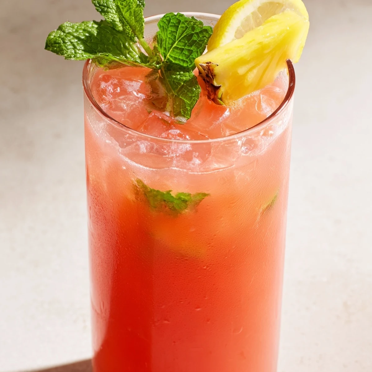 Tall glass of vibrant pineapple pink lemonade garnished with fresh pineapple wedge and mint sprig on ice