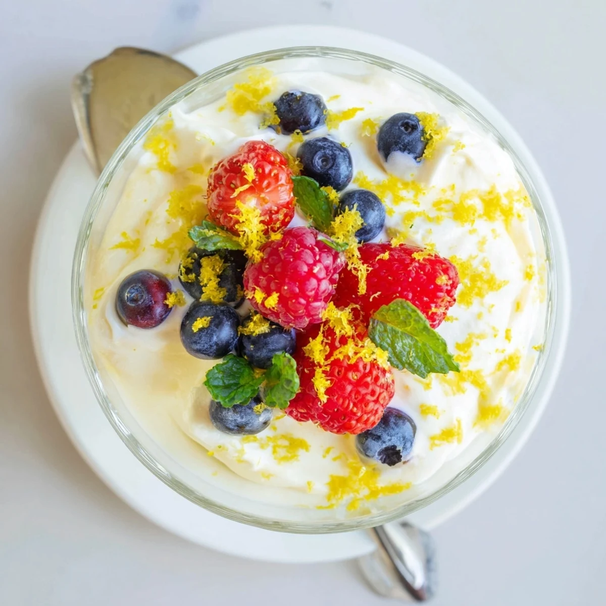Creamy no bake lemon mascarpone mousse topped with fresh berries and mint in glass serving cups