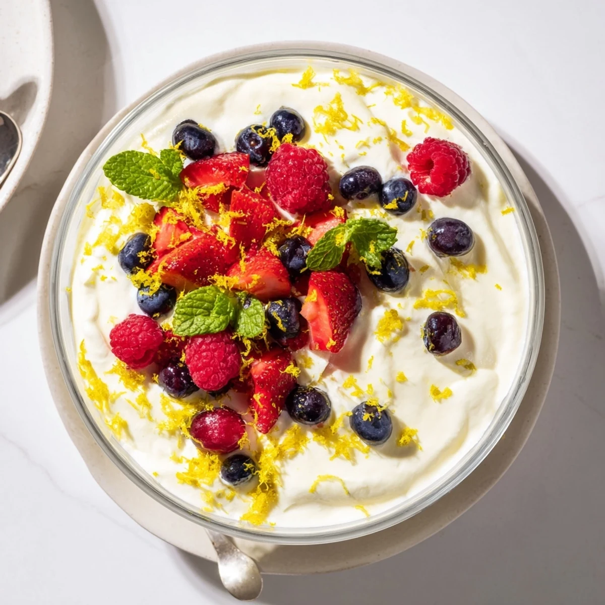 Velvety smooth no bake lemon mascarpone mousse piped into elegant bowls with fresh berry topping