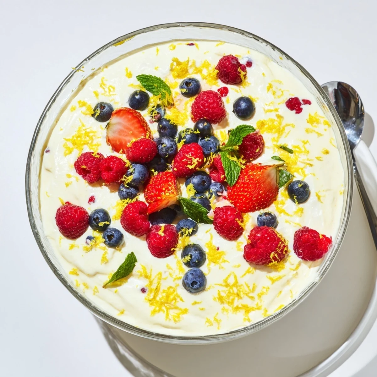 Light and fluffy lemon mascarpone mousse dessert with golden lemon zest garnish on white plate