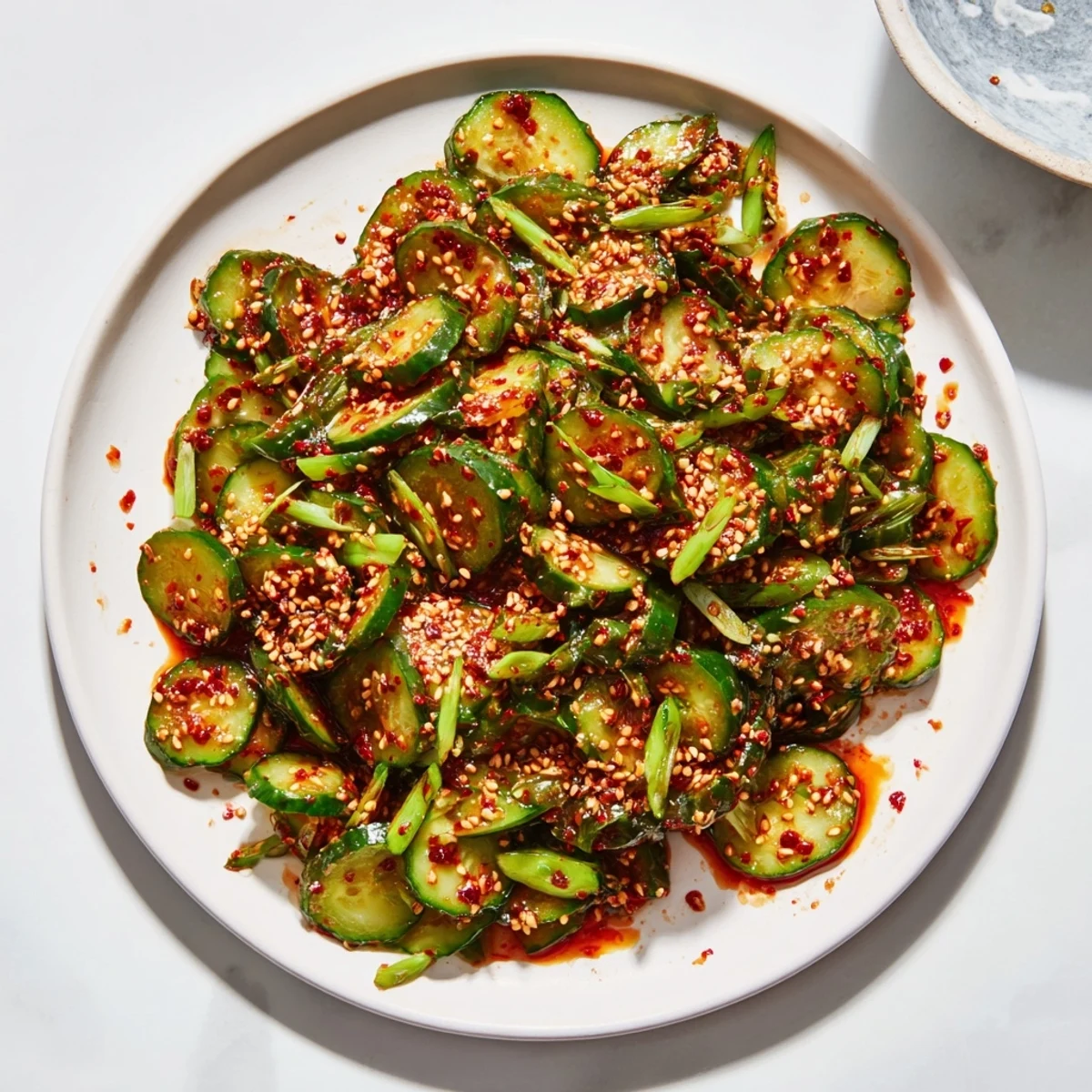 Fresh Korean cucumber salad tossed in spicy red chili dressing with sesame seed garnish