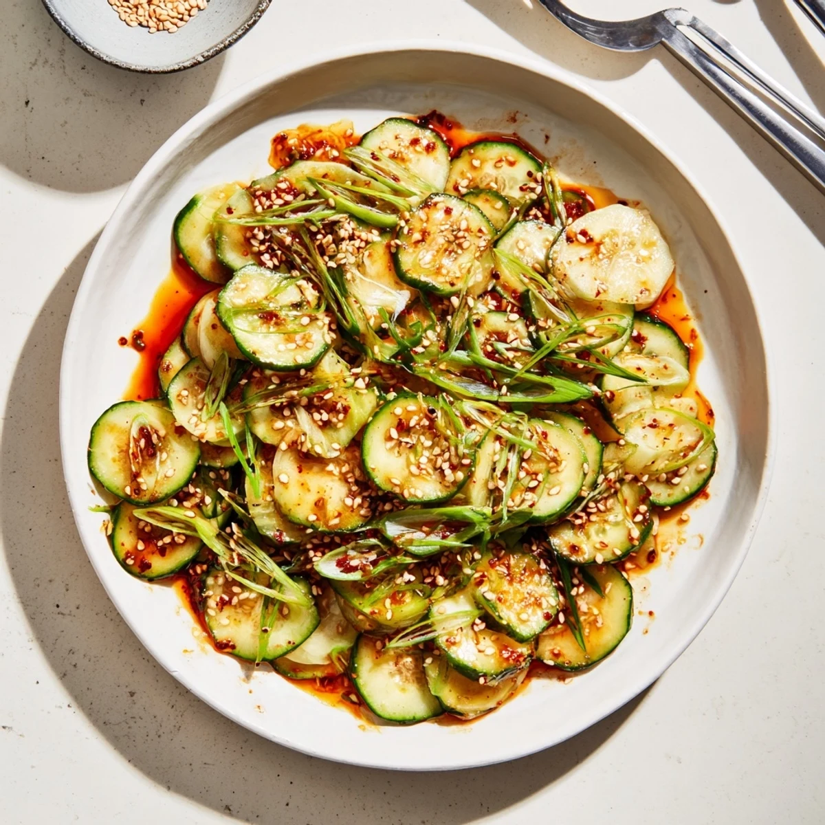 Crisp cucumbers coated in sweet and savory Korean sauce served in white bowl