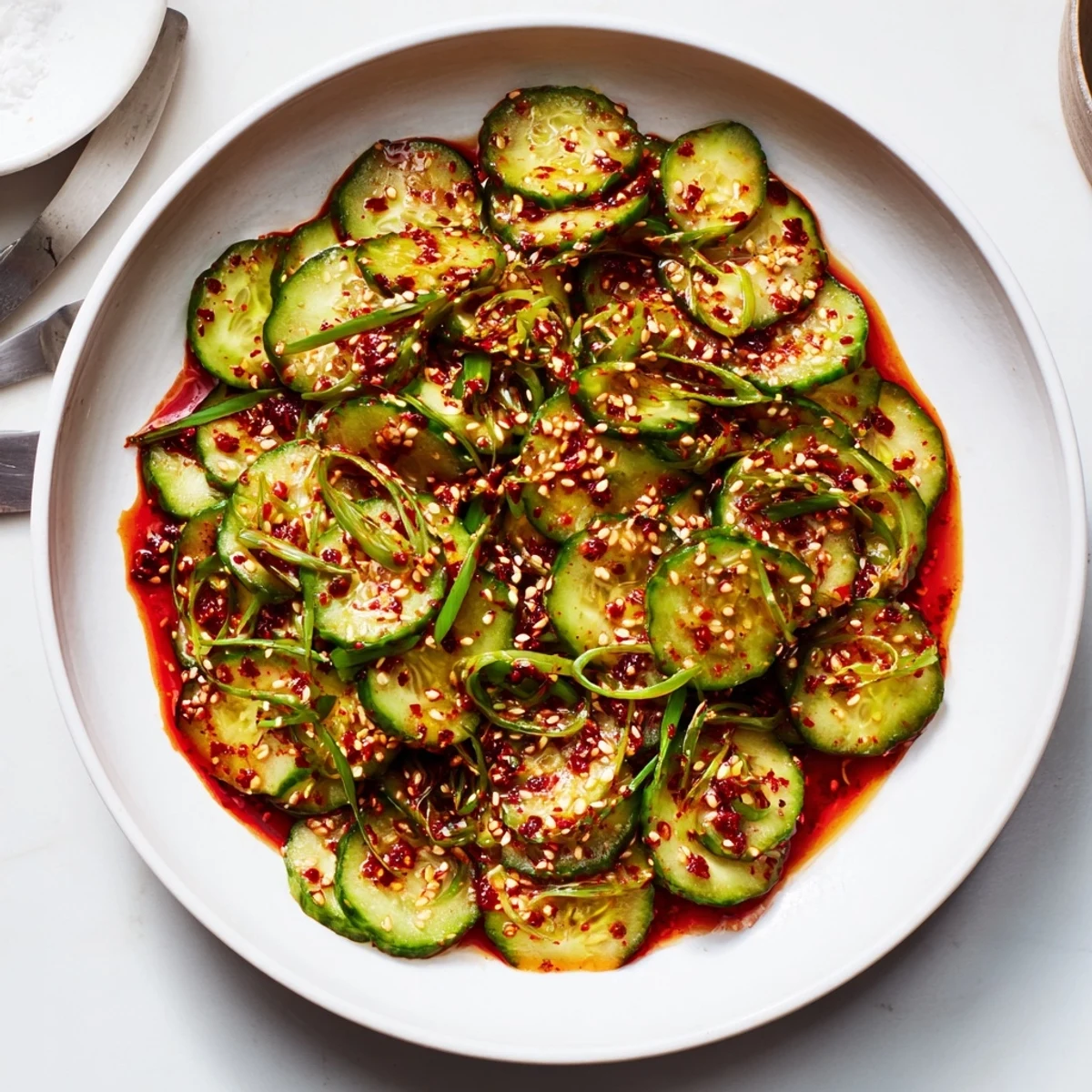 Vibrant Korean cucumber salad featuring thin slices with green onions and red pepper flakes