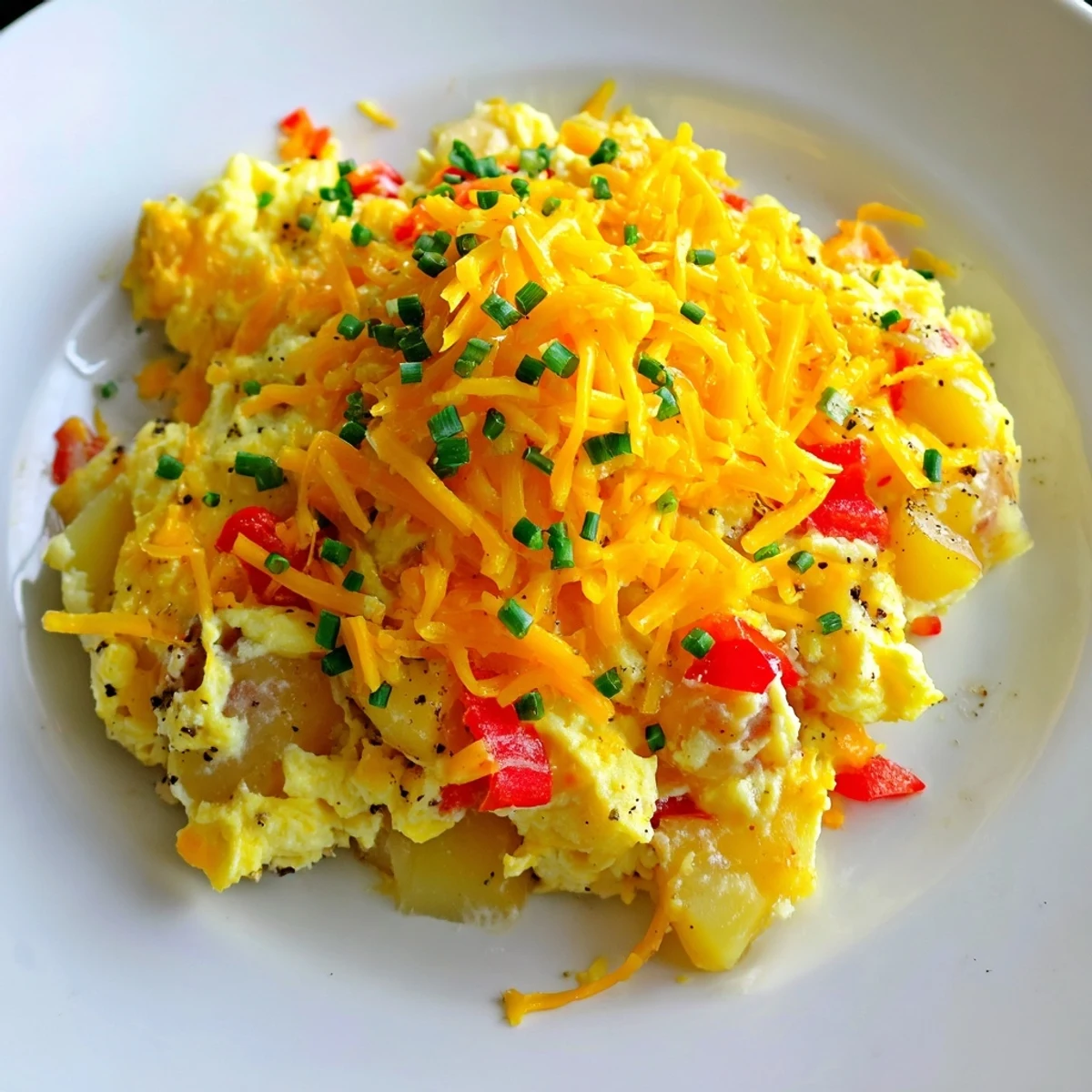 Fluffy scrambled eggs with melted cheddar and golden potatoes on a rustic wooden plate