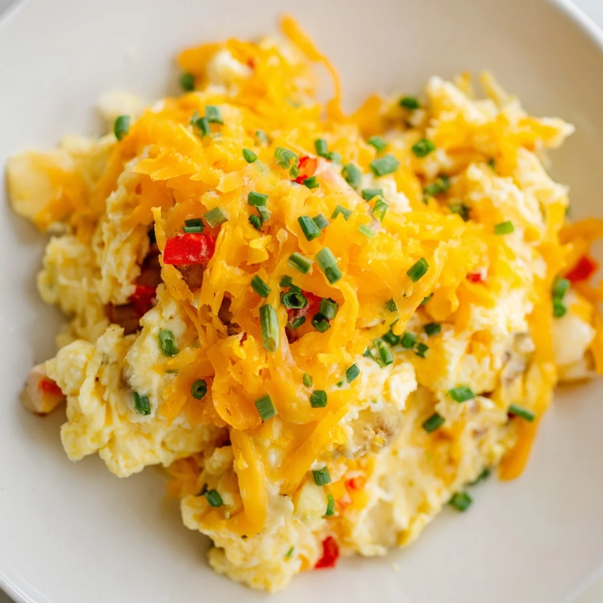 Hearty breakfast skillet featuring creamy eggs, tender potato cubes, and bubbly melted cheese topping