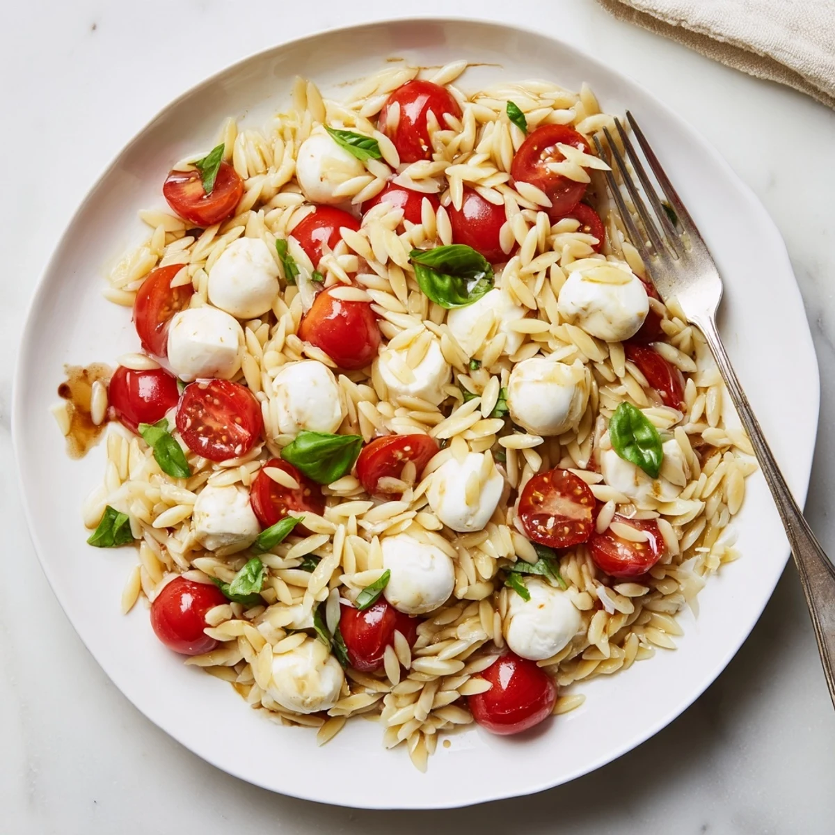 Caprese Orzo Pasta Salad featuring tender orzo with cherry tomatoes and fresh mozzarella in a bowl