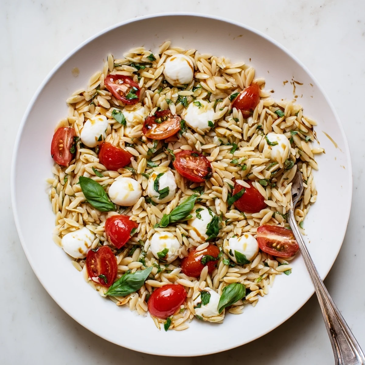 Colorful Caprese Orzo Pasta Salad served chilled with vibrant tomatoes and creamy mozzarella pearls