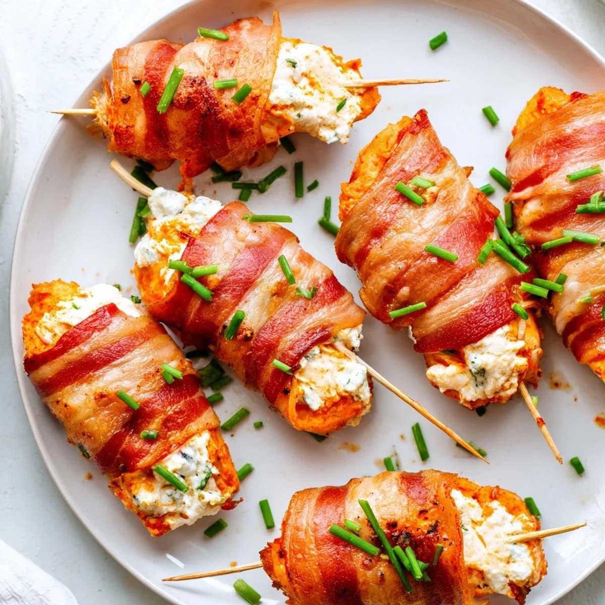 Crispy bacon-wrapped Buffalo chicken bombs oozing with spicy cheese filling on a serving platter