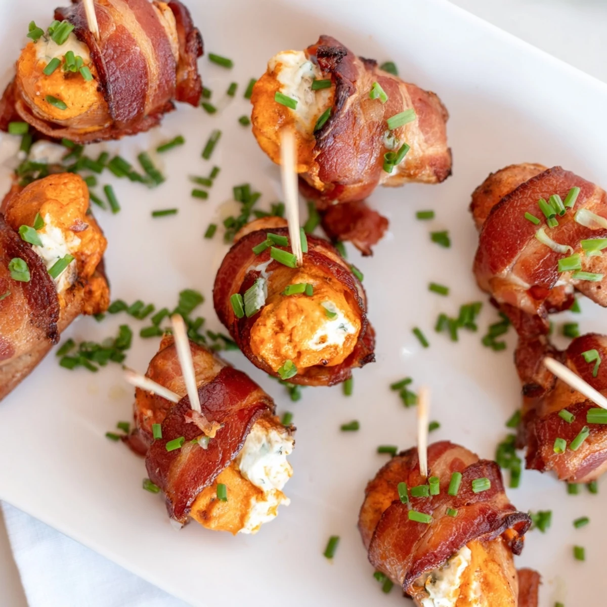 Golden brown Buffalo chicken bombs sliced open to reveal creamy buffalo cheese center and garnish