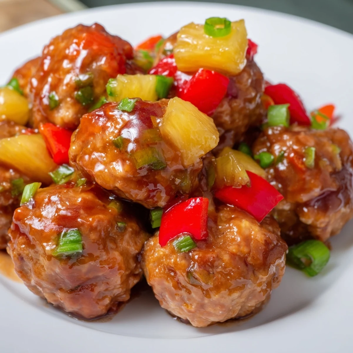 Golden brown chicken or turkey meatballs glazed in sweet tangy pineapple sauce with red bell pepper chunks