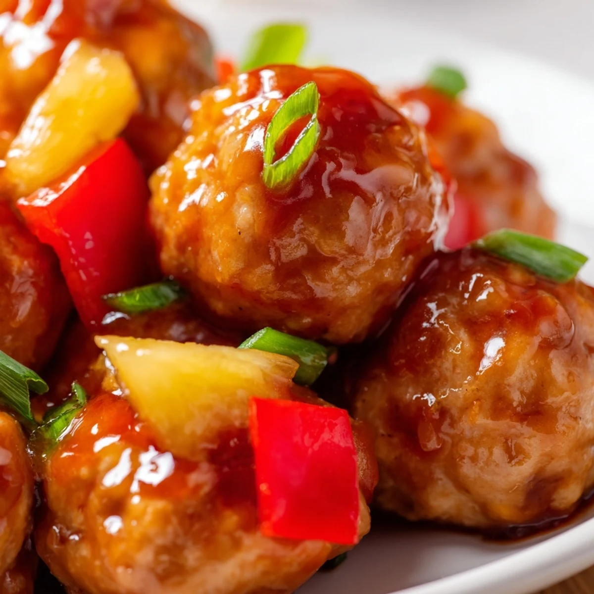 Plate of tender pineapple chicken meatballs coated in thick shiny sauce with garnish of fresh green onions