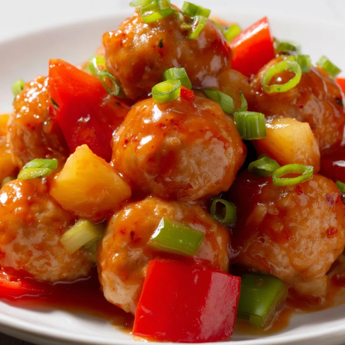 Baked poultry meatballs simmering in glossy pineapple sauce served over white rice with colorful vegetable pieces