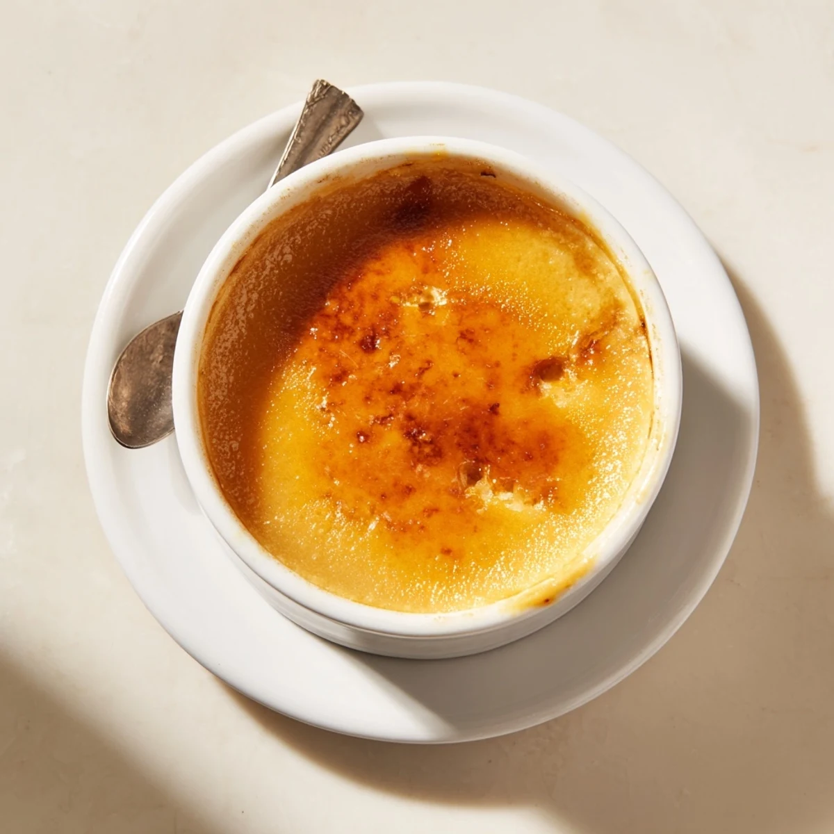 Golden-crusted Easy Persimmon Crème Brûlée with cracked caramel top served in white ramekin