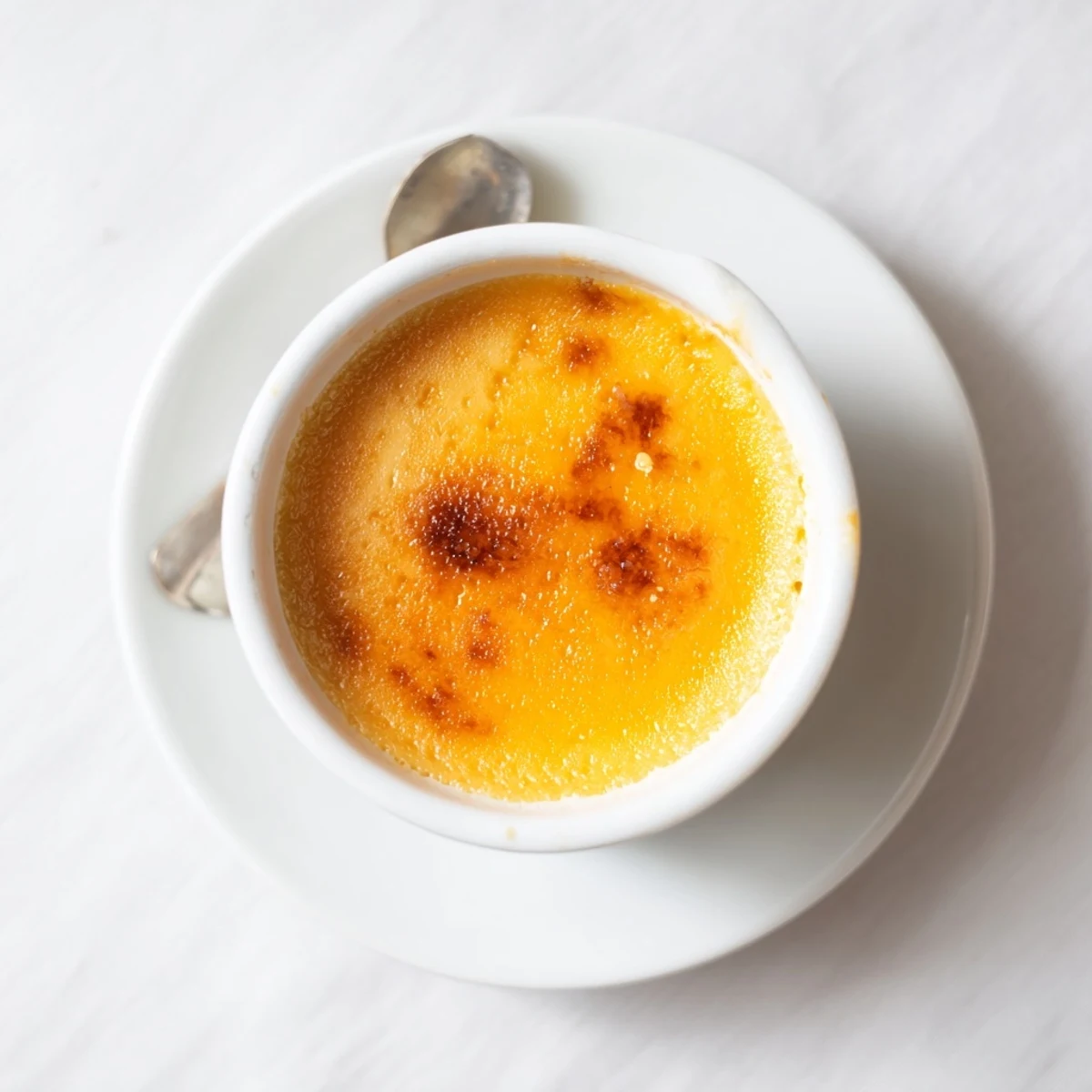 Individual Easy Persimmon Crème Brûlée ramekins showcasing vibrant persimmon layer and torched caramelized sugar topping