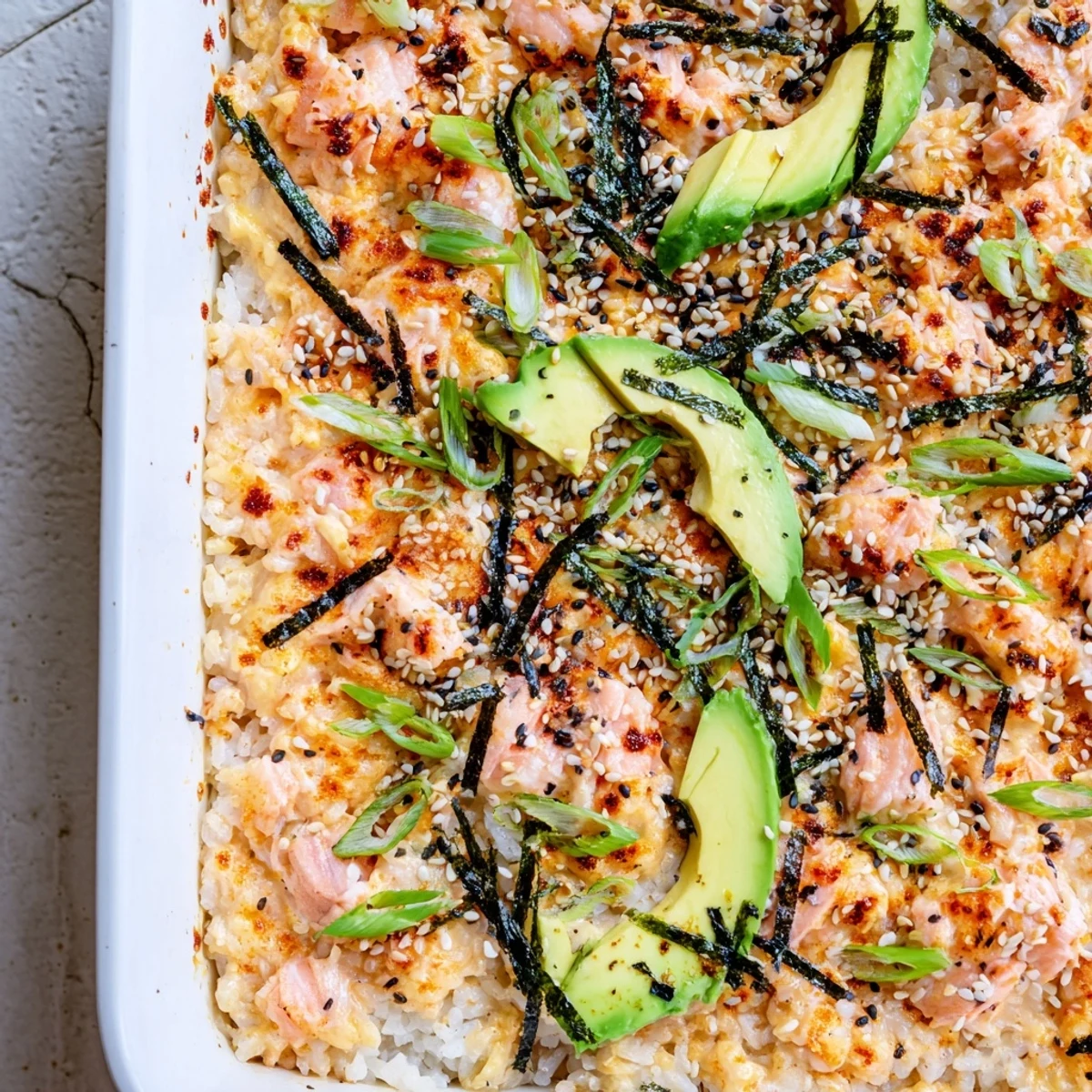 Creamy salmon sushi bake with seasoned rice layers and vibrant green onion toppings