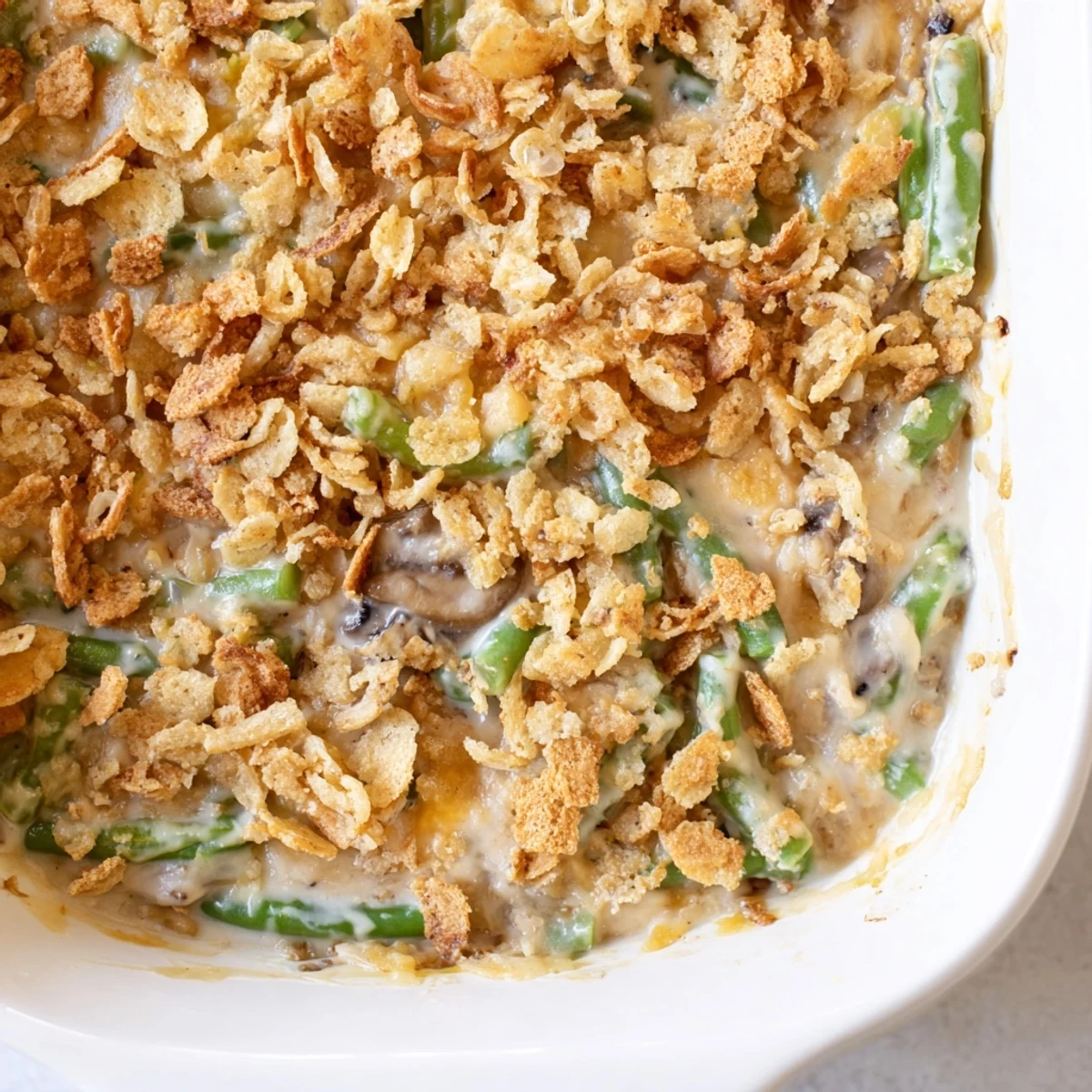 Golden green bean casserole with buttery Ritz cracker topping bubbling in a baking dish