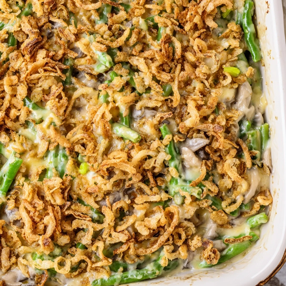 Comforting green bean casserole with tender beans in mushroom sauce and golden buttery cracker crust