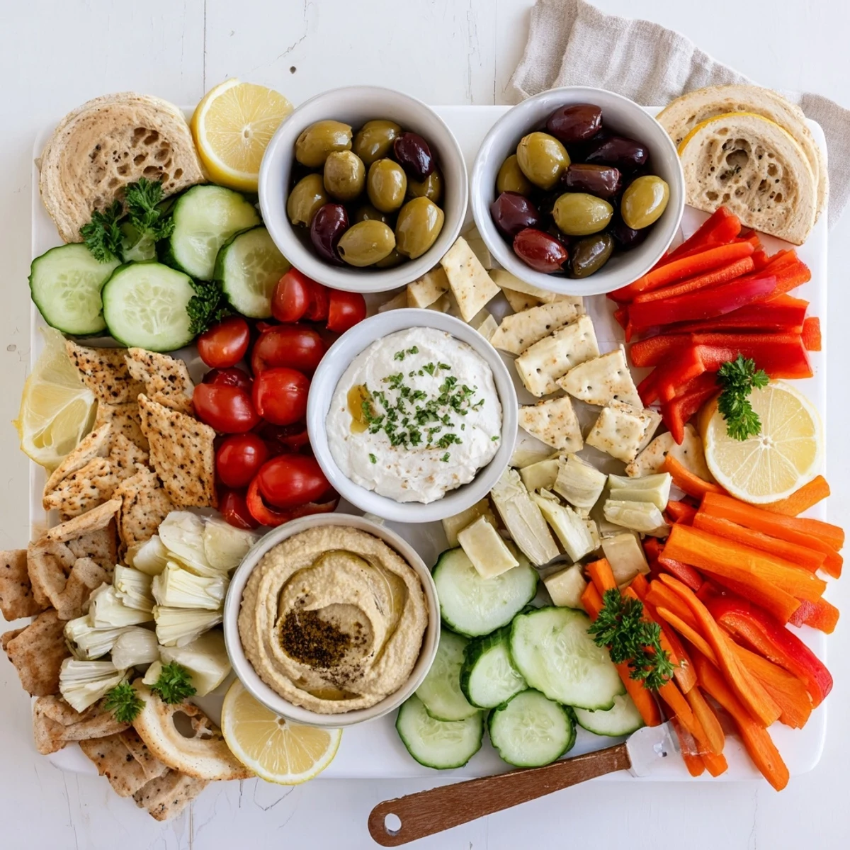 Colorful Mediterranean Mezze Tapas Platter arranged with hummus, fresh vegetables, olives, and warm pita bread