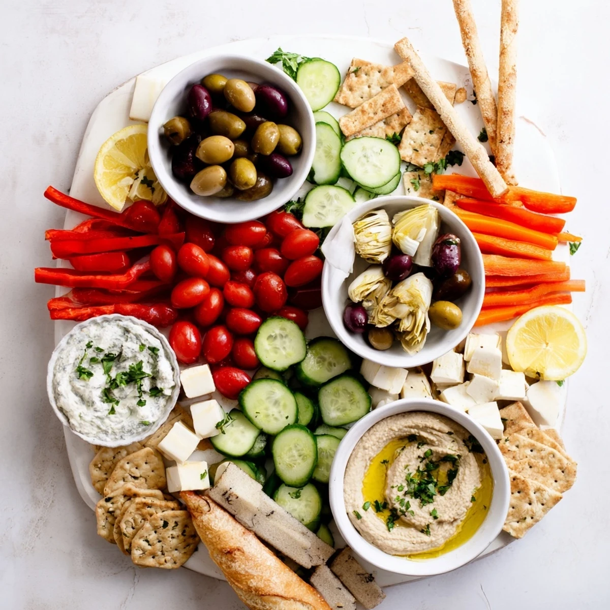 Rustic sharing platter displaying Mediterranean Mezze Tapas Platter with grilled halloumi, cherry tomatoes, and fluffy bread wedges