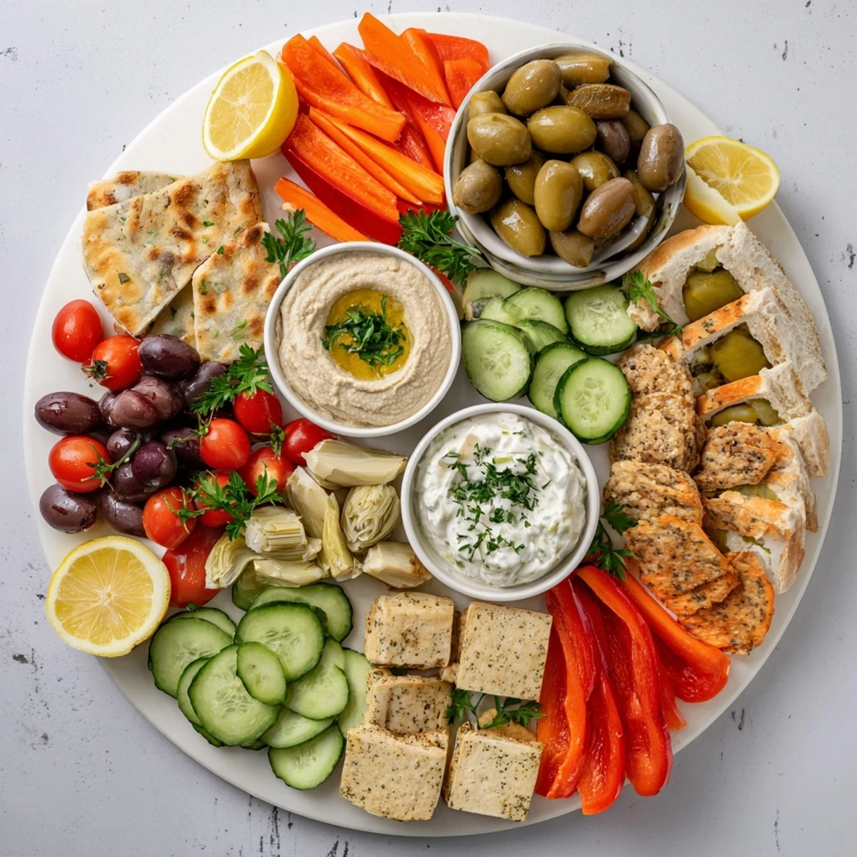 Wooden board spread with Mediterranean Mezze Tapas Platter featuring creamy dips, feta cheese, and crisp veggies