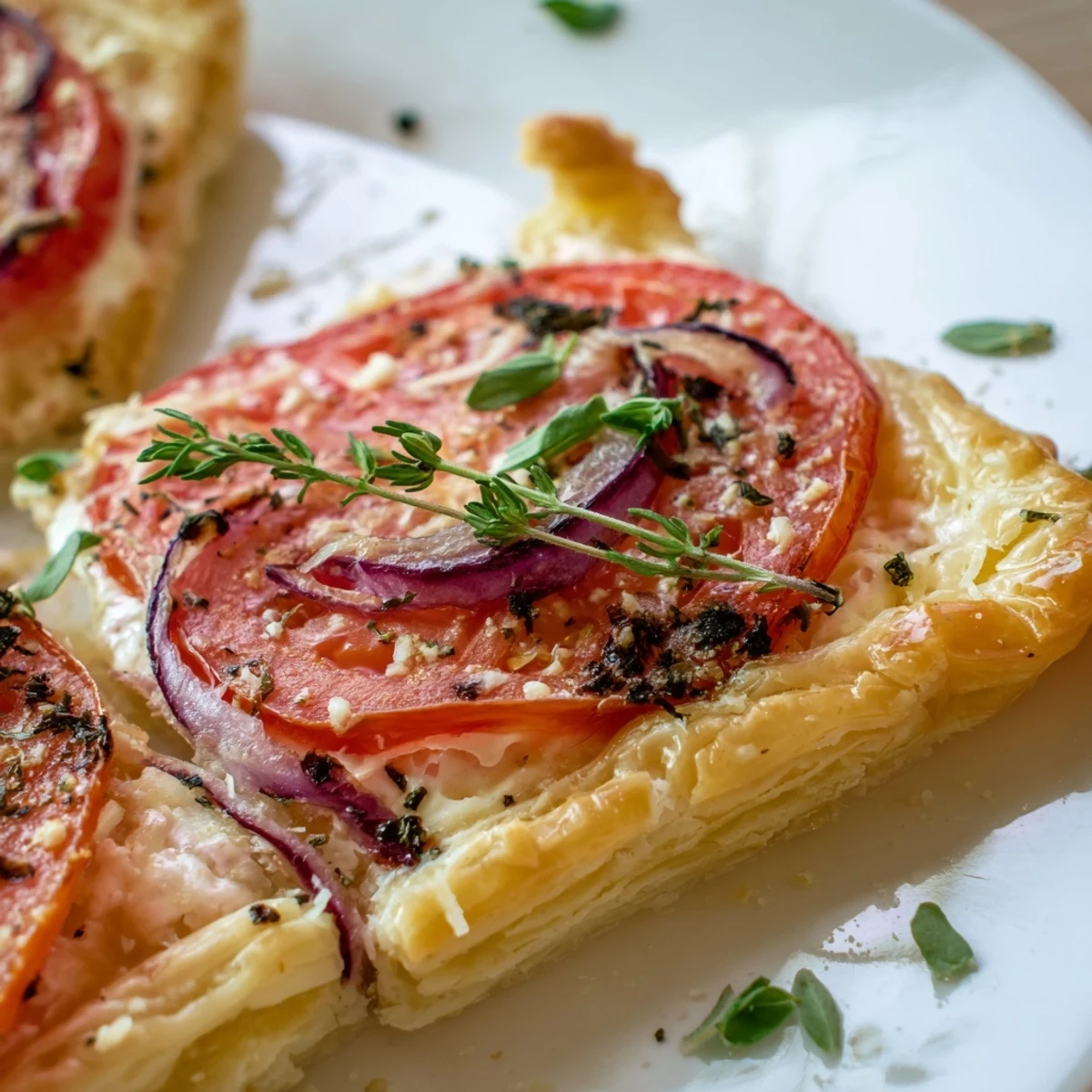 Golden tomato tartlets with puff pastry feature juicy red tomatoes atop flaky buttery crust