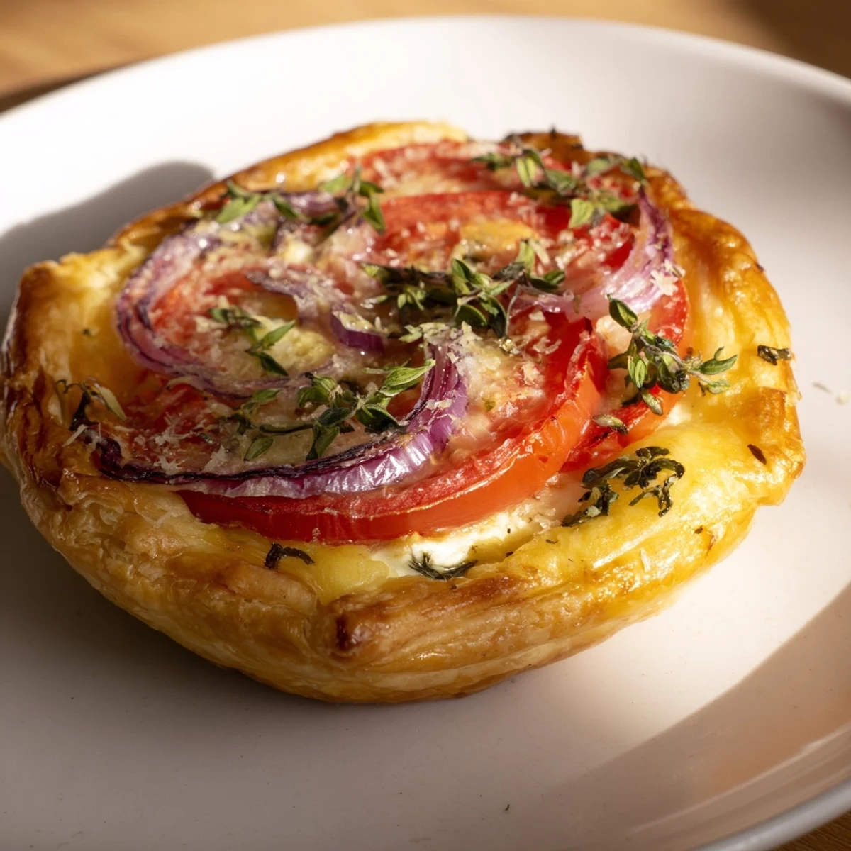 Baked tomato tartlets on puff pastry pastry with melted cheese and fresh green herbs