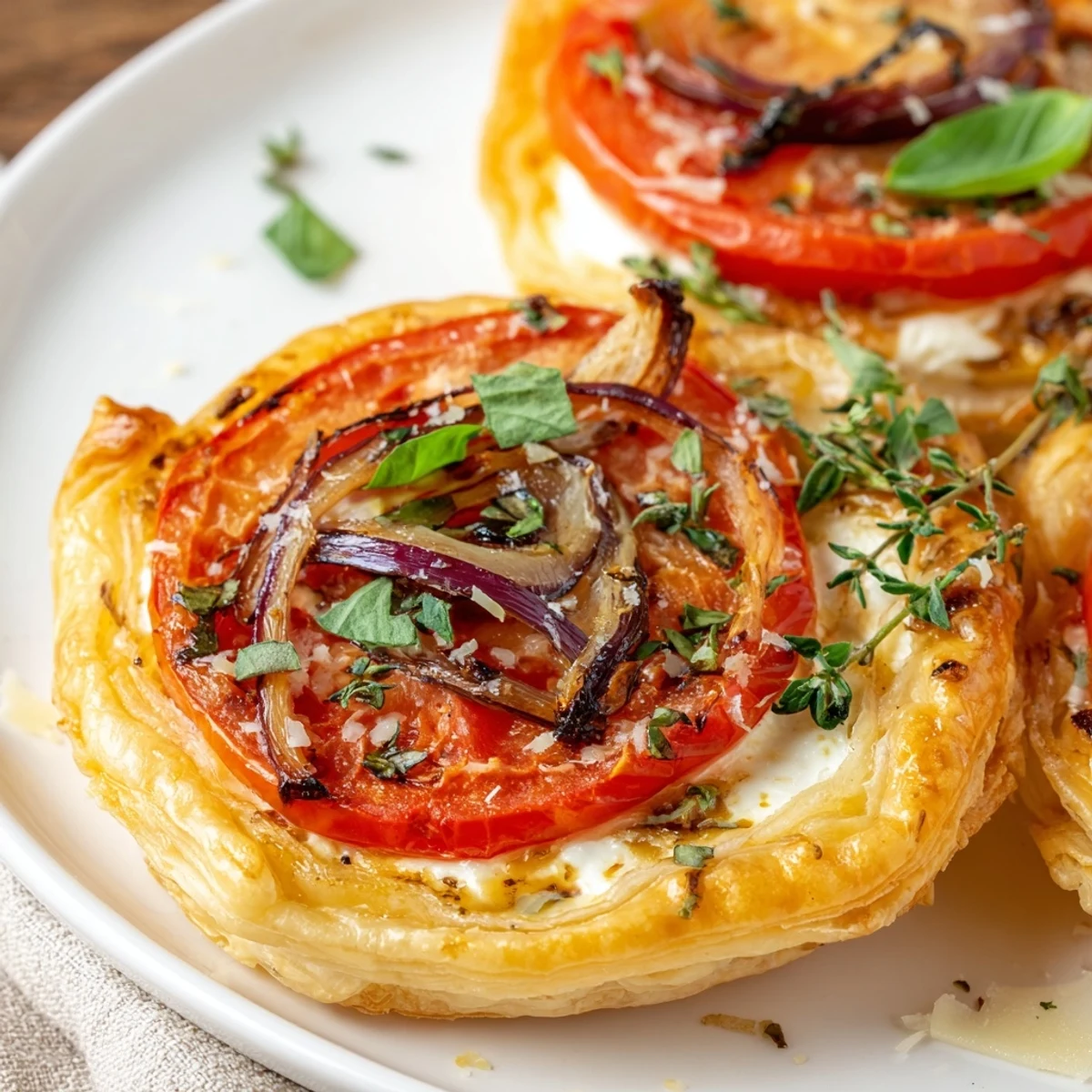 French-style tomato tartlets arranged on baking sheet showcasing caramelized tomatoes and golden edges