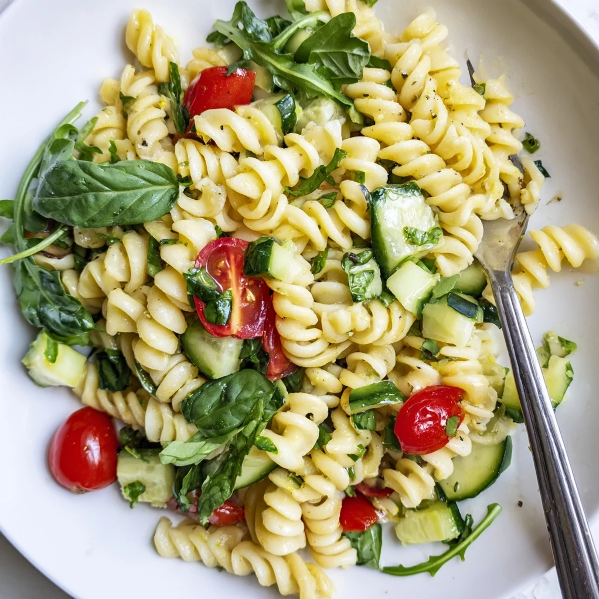 Colorful summer pasta salad with baby greens, cherry tomatoes, and crisp vegetables tossed in zesty lemon-herb dressing