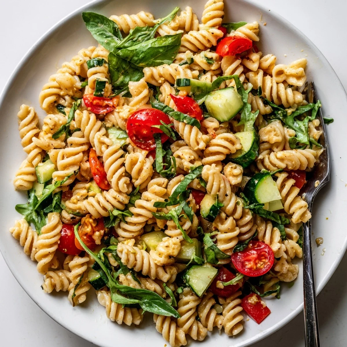 Refreshing summer pasta salad featuring tender baby greens, crunchy bell peppers, and optional feta cheese in a light olive oil dressing