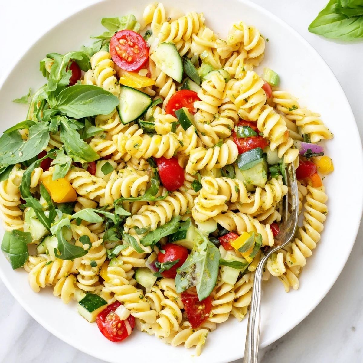Vibrant bowl of summer pasta salad with baby greens, diced cucumbers, red onion, and toasted pine nuts for a crowd-pleasing side dish