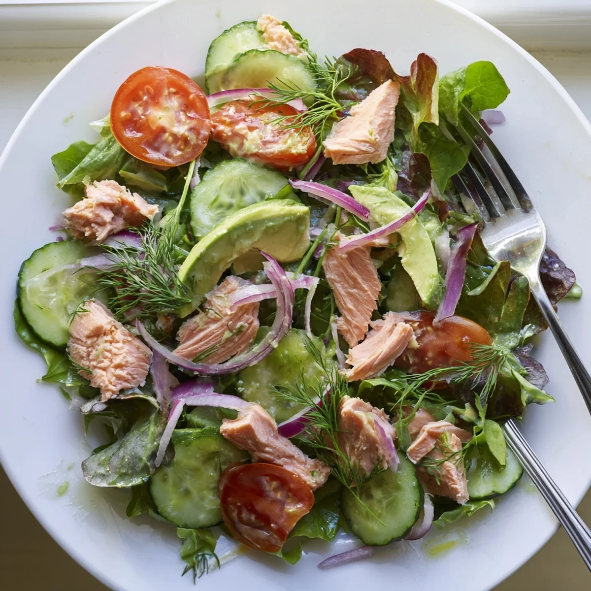 Colorful minute salmon salad with flaky pink fish over fresh mixed greens and sliced vegetables