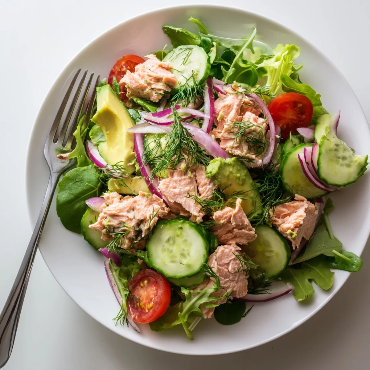 Healthy minute salmon salad bowl with crisp cucumber, red onion, and flaky cooked salmon chunks