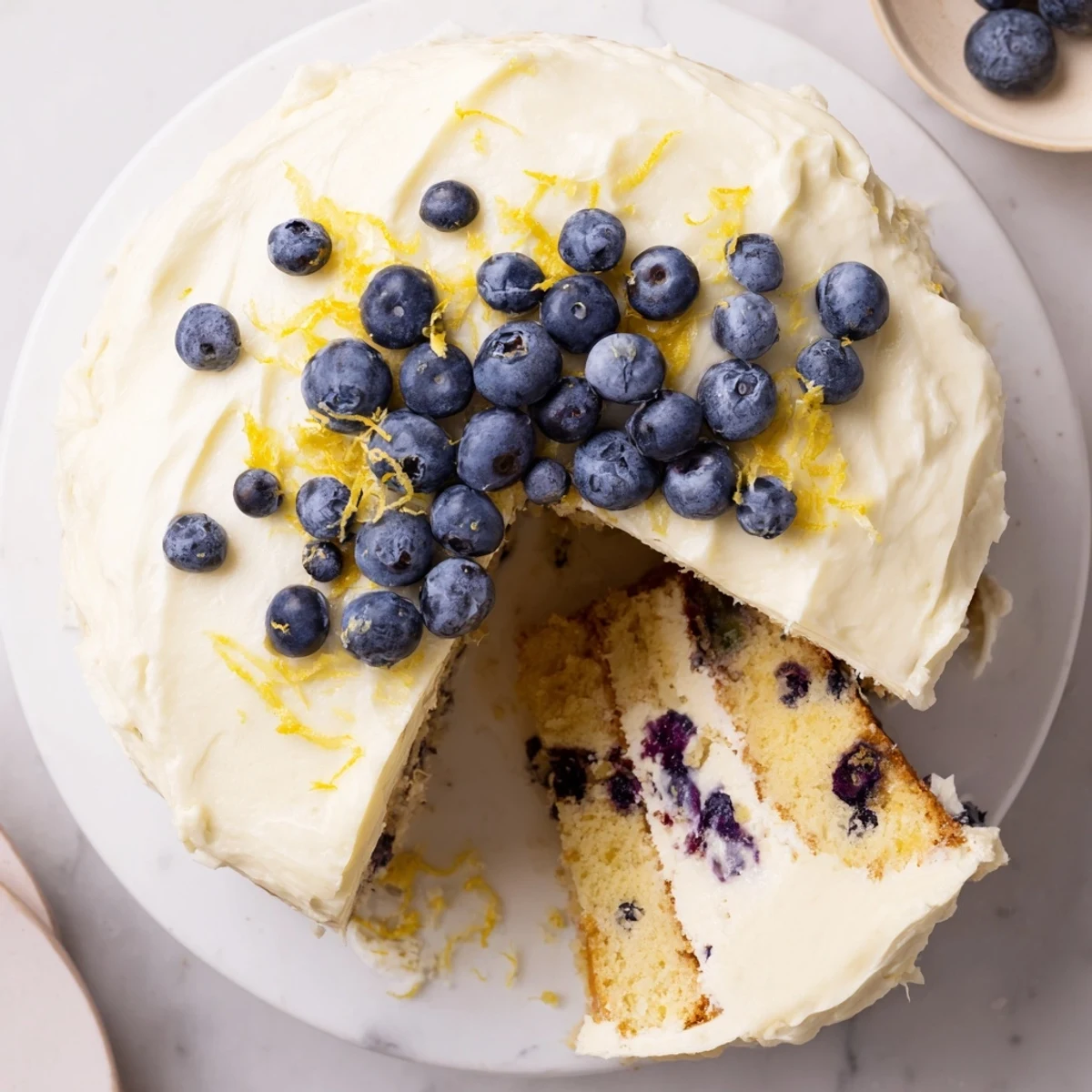 Golden slice of lemon blueberry cake revealing tender crumb and plump blueberries beneath smooth cream cheese frosting.