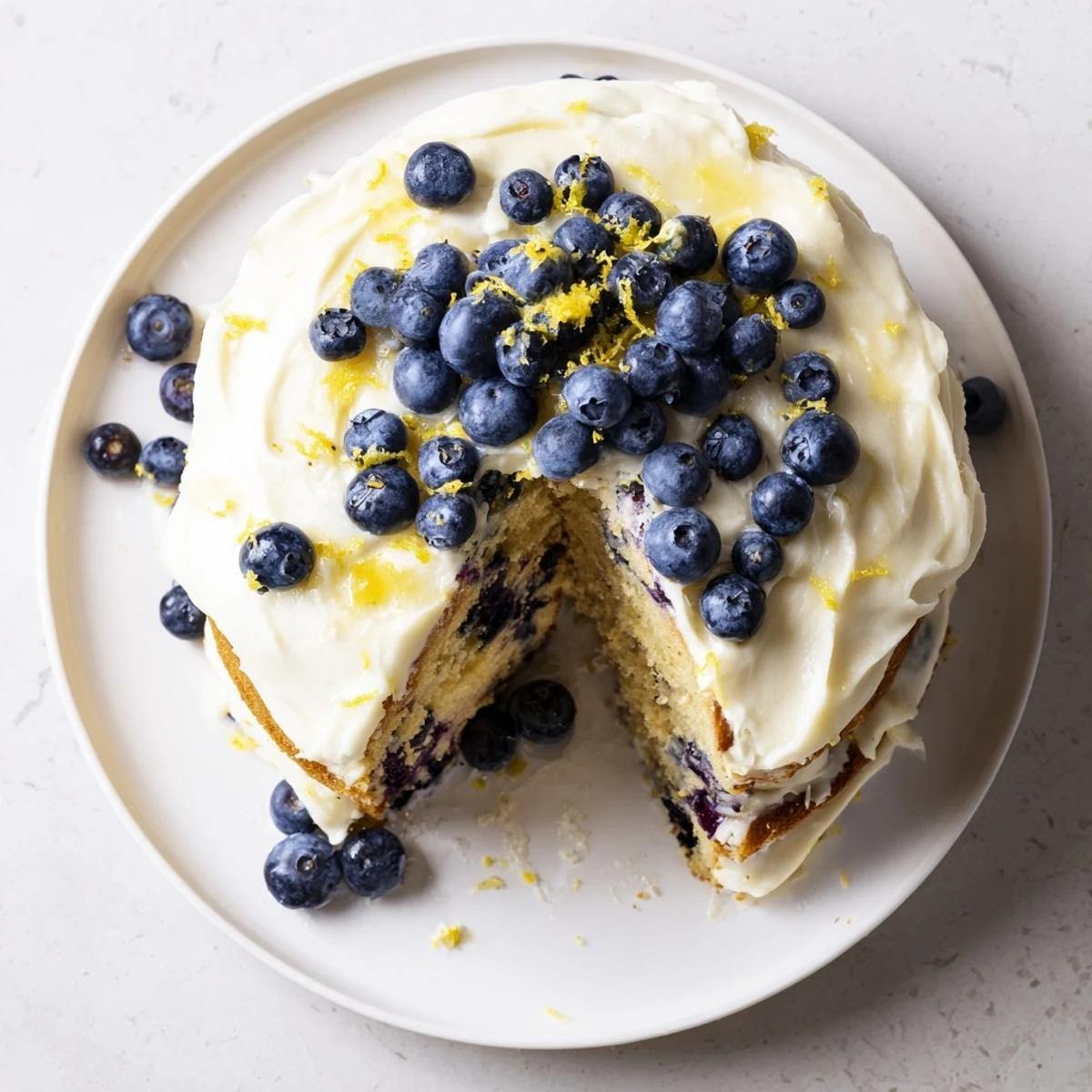 Two-layer lemon blueberry cake with fluffy cream cheese frosting garnished with fresh blueberries and bright lemon zest.