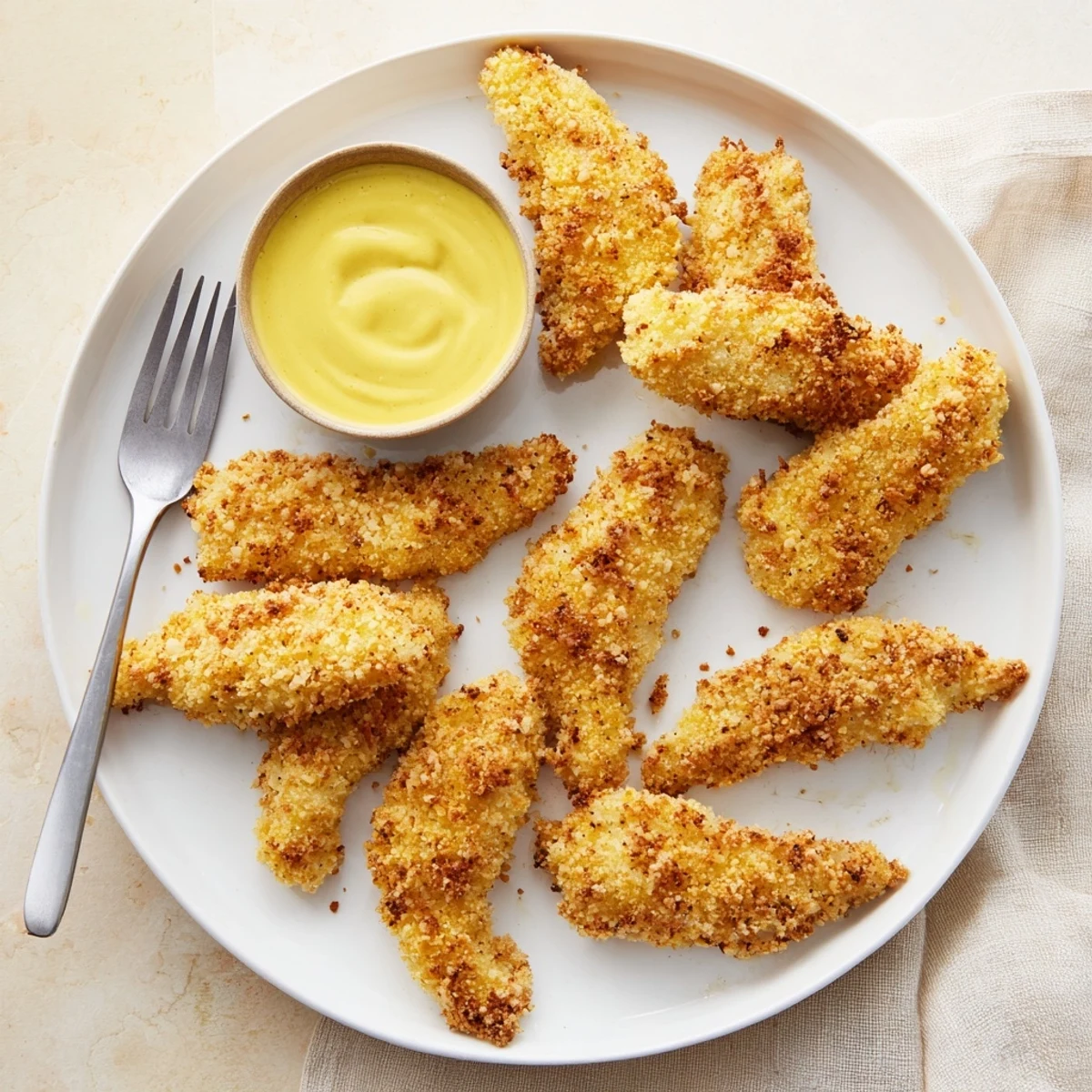Golden brown chicken tenders with crispy panko breading served on white plate