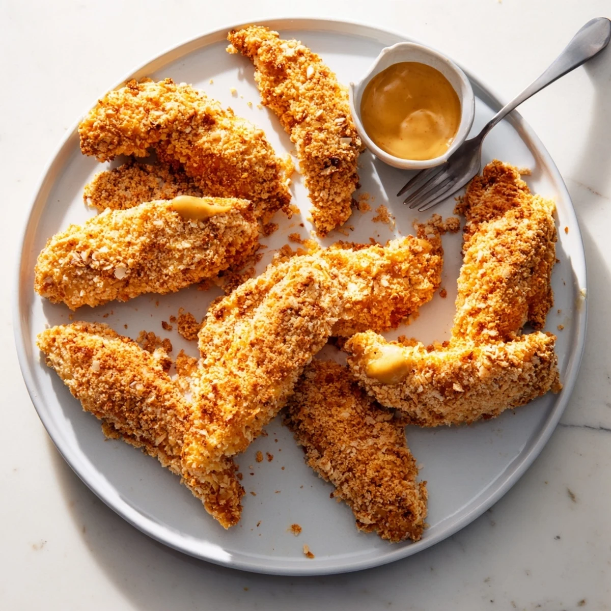 Homemade chicken tenders strips displaying golden crispy coating on rustic wooden board