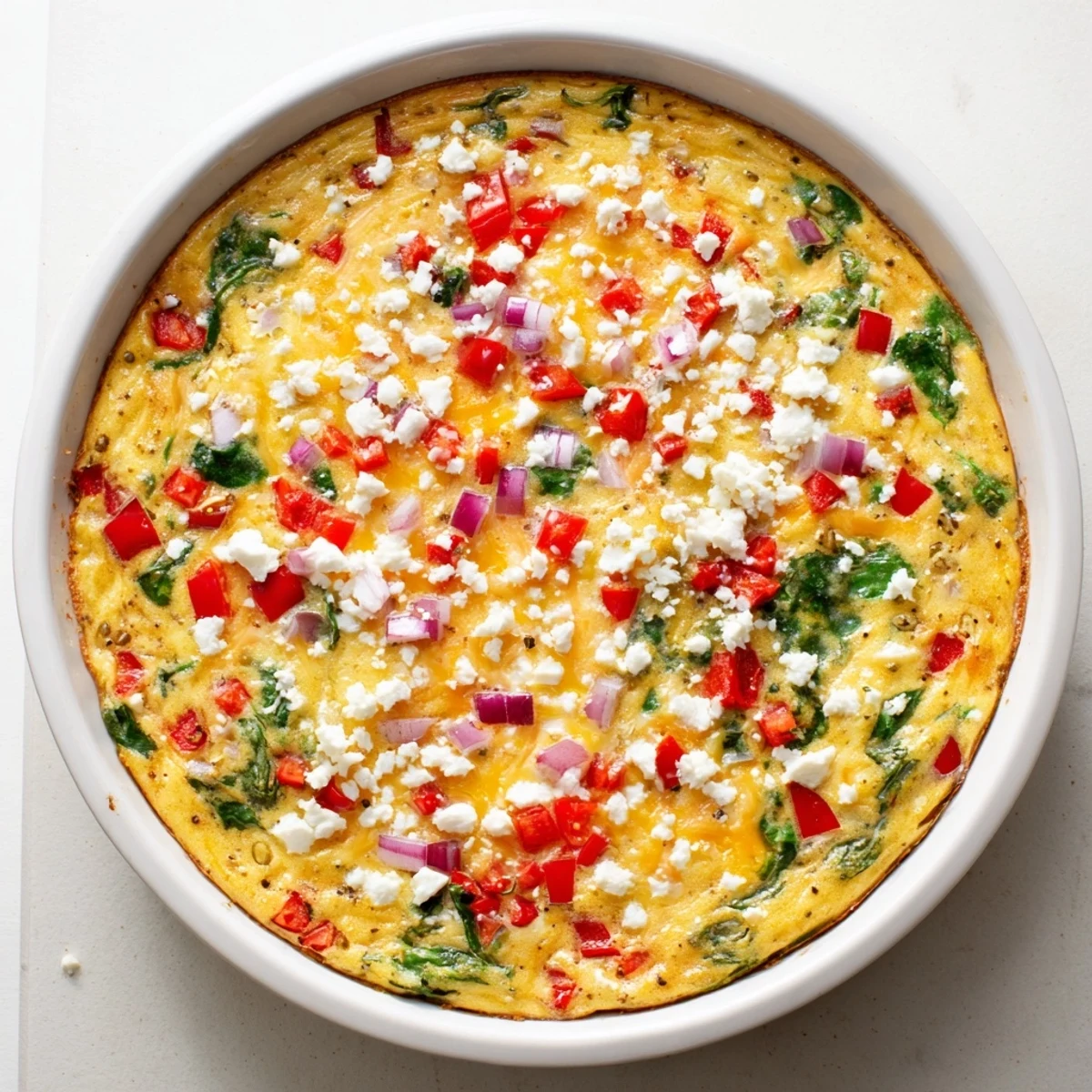 Golden healthy crustless quiche loaded with colorful vegetables and melted cheese fresh from the oven