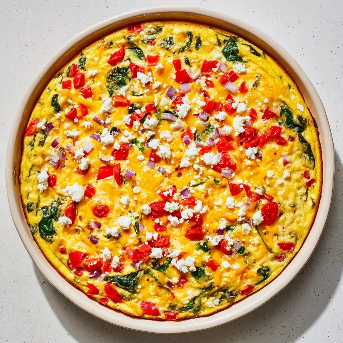Protein-packed healthy crustless quiche sprinkled with feta and cheddar, ready for breakfast or brunch