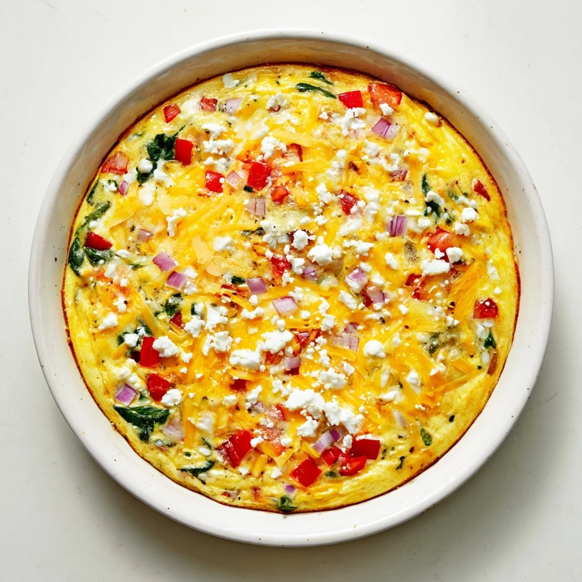 Sliced healthy crustless quiche revealing vibrant spinach, peppers, and cherry tomatoes inside the fluffy egg filling